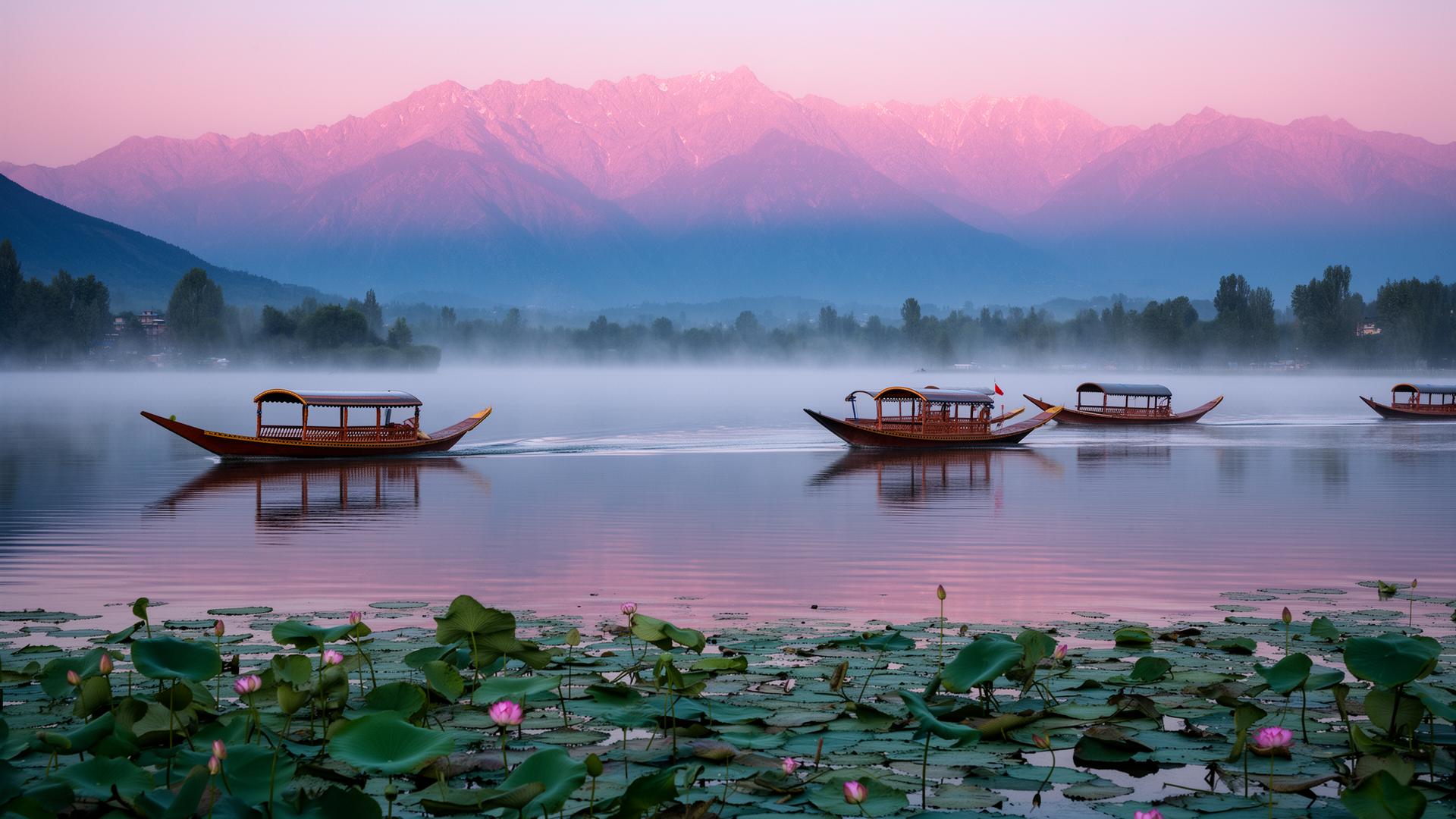 Shikara boats on Dal Lake at dawn with the Zabarwan mountains in pink light